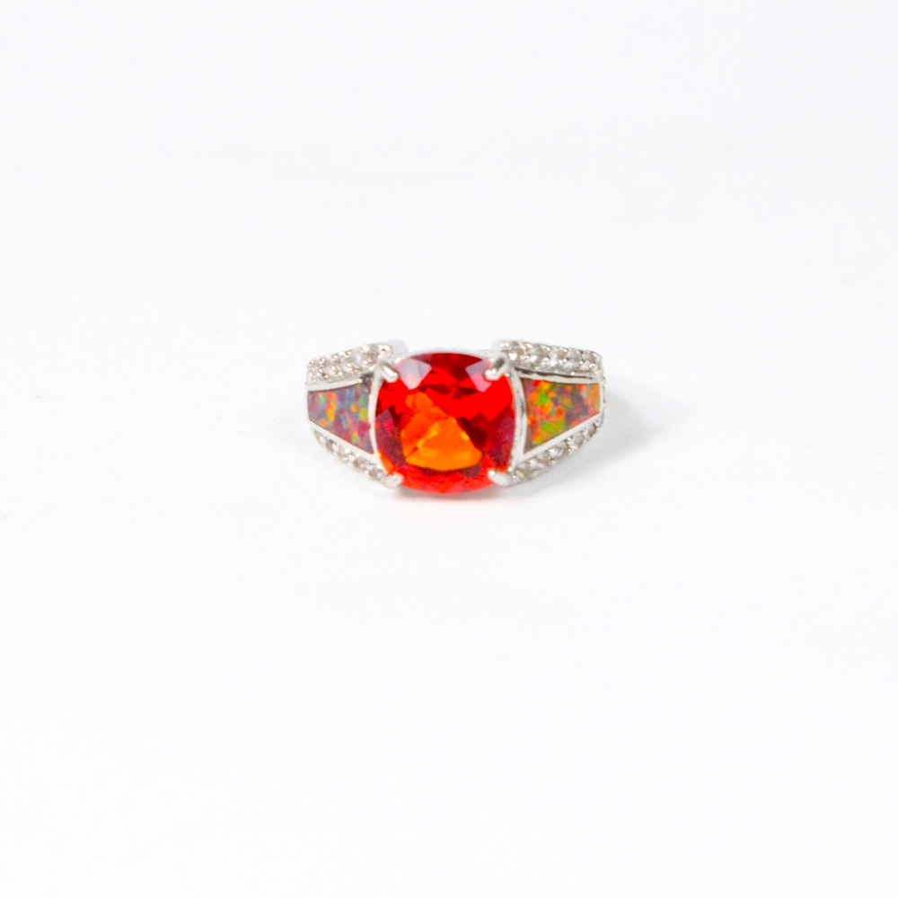New Fire Opal multi gemstone wide band .925 sterling ring sz 7